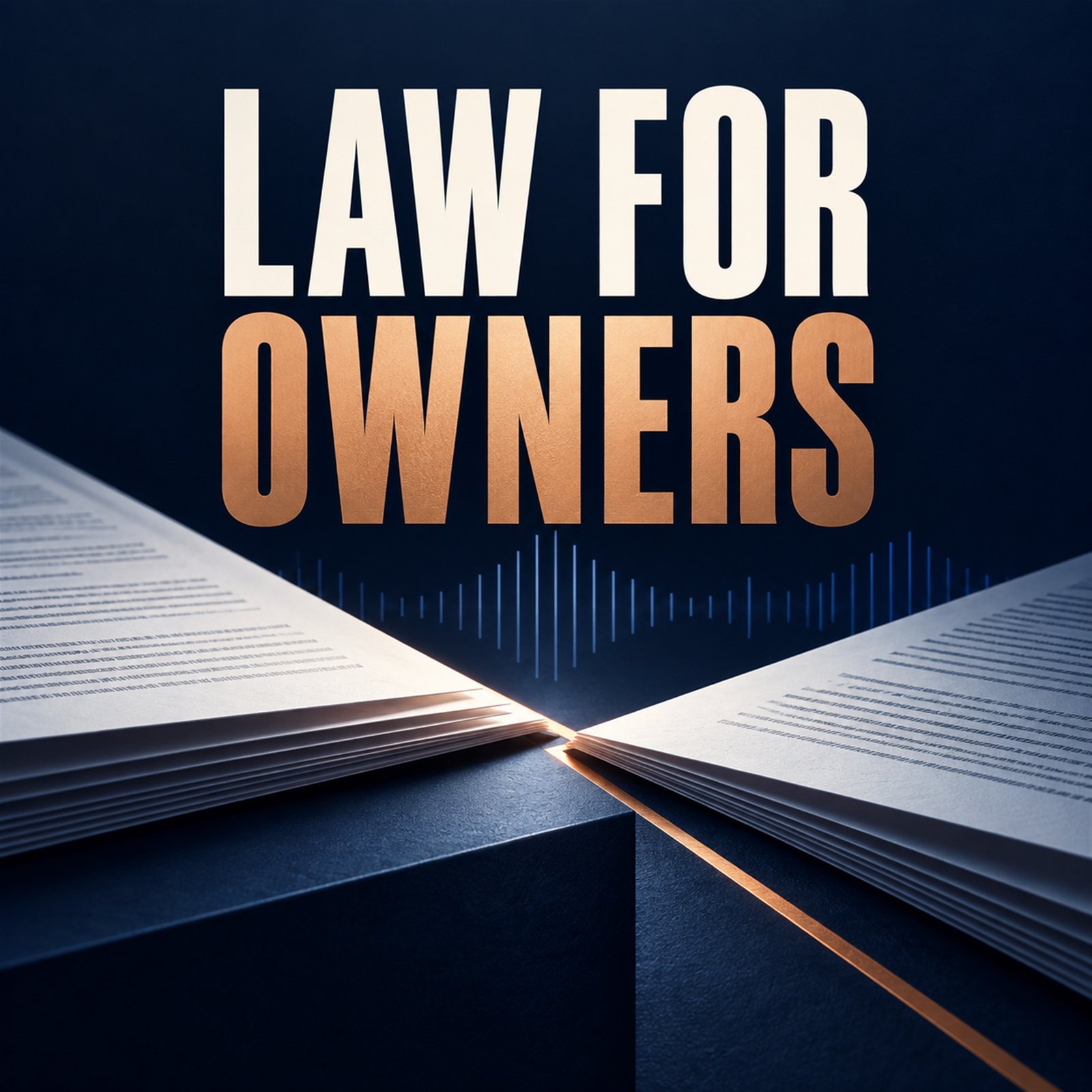 Law for Owners podcast cover with contract pages meeting across a copper line